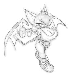  alcohol anthro bat beer beverage big_breasts bigdad bottomwear breasts cleavage clothed clothing female hair hair_over_eye hi_res hooters hooters_uniform hotpants huge_breasts mammal monochrome one_eye_obstructed rouge_the_bat sega serving_tray shorts solo sonic_the_hedgehog_(series) wings 