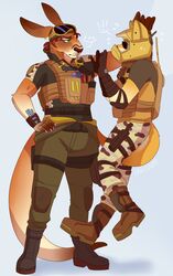  anthro armor australian_flag blue_byte_(game_developer) boots bottomwear bulletproof_vest canid canine canis cargo_pants claws clothing dingo ear_piercing ear_ring female footwear gridlock headgear helmet hi_res holding_person kangaroo macropod male mammal marsupial miriena mozzie pants piercing pink_claws rainbow_six rainbow_six:_siege ring_piercing size_difference tail tail_between_legs tom_clancy&#039;s_(series) ubisoft 