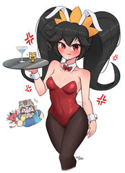  1boy ? anger_vein animal_ears arm_at_side ashley_(warioware) bare_arms bare_shoulders black_hair black_pantyhose blue_shirt blush bow bowtie breasts breasts_apart cocktail_glass collarbone commentary commentary_request covered_navel cowboy_shot cup demon detached_collar drinking_glass facial_hair fake_animal_ears fake_tail female gloves goggles goggles_on_head hair_between_eyes highleg highleg_leotard highres holding holding_tray leotard long_hair looking_at_viewer medium_breasts moustache nose_picking pantyhose parted_lips playboy_bunny pointy_ears rabbit_tail red_(warioware) red_bow red_bowtie red_eyes red_leotard shirt short_sleeves sidelocks signature simple_background strapless strapless_leotard tail teeth tiara tray trembling twintails v-shaped_eyebrows vest wakaba_(wata_ridley) wario warioware white_background wrist_cuffs yellow_gloves 