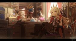  2girls :o armchair blonde_hair blunt_bangs book book_stack bookshelf boots bored bow bracelet bracer brooch brown_gloves brown_hair cagliostro_(granblue_fantasy) capelet chair clarisse_(granblue_fantasy) commentary_request cross-laced_footwear crossed_legs curtains desk dropping feb_itk flask from_below gloves granblue_fantasy hair_ribbon hairband headband herb_bundle indoors jar jewelry knee_boots letterboxed light_brown_hair light_frown light_particles long_hair looking_at_viewer multiple_girls open_mouth ponytail potion purple_eyes ribbon round-bottom_flask signature sitting spiked_hairband spikes study_(room) sweatdrop thighhighs tiara treasure_chest window 