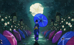  absurdres black_hair blue_eyes blue_kimono blue_umbrella closed_mouth cloud commentary female floral_print flower flower_umbrella hair_bun highres holding holding_umbrella japanese_clothes kimono lantern looking_at_viewer moonflower_(flower) morning_glory morning_glory_print natsu3summer night obi oil-paper_umbrella original outdoors oversized_flower paper_lantern print_kimono purple_umbrella sandals sash shadow single_hair_bun solo standing tree umbrella white_flower wide_shot 