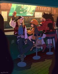  2boys ^_^ alcohol arm_up asaya_minoru axl_low backpack bag bandana bar_(place) bar_stool beer black_gloves black_pants blonde_hair blue_shirt blurry blurry_foreground boots brown_eyes brown_footwear brown_gloves brown_hair closed_eyes cup depth_of_field drinking_glass facing_viewer female fingerless_gloves food french_fries gloves grin guilty_gear guilty_gear_strive holding holding_cup holding_food jacket long_hair long_sleeves looking_at_viewer looking_back may_(guilty_gear) multiple_boys open_clothes open_jacket orange_footwear orange_shirt pants plaid plaid_jacket ponytail red_footwear red_jacket shirt shoes sitting smile sol_badguy stool sword very_long_hair weapon white_pants wooden_floor 