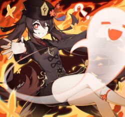  ? black_hat black_shorts boo_tao_(genshin_impact) brown_hair chinese_clothes closed_eyes commentary female fire genshin_impact ghost hat highres hu_tao_(genshin_impact) jewelry legs looking_at_viewer mary_felizola oerba_yun_fang one_eye_closed outstretched_arms red_eyes ring shorts smile socks solo spread_arms symbol-shaped_pupils tailcoat thighs twintails wristband 