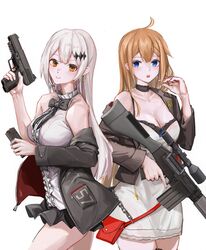  2girls alternate_hairstyle bag bare_shoulders battle_rifle black_bow black_bowtie black_jacket blonde_hair blue_eyes blush bow bowtie breasts cleavage closed_mouth clothes_pull collarbone cross dress earrings fal_(girls&#039;_frontline) feet_out_of_frame five-seven_(girls&#039;_frontline) fn_fal fn_five-seven frilled_shirt frills girls&#039;_frontline gun hair_down hand_up handgun highres holding holding_gun holding_weapon jacket jacket_pull jewelry lithographica long_hair looking_at_viewer medium_breasts multiple_girls open_mouth orange_eyes rifle shirt sleeveless sleeveless_shirt smile standing weapon white_background white_dress white_hair white_shirt 