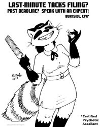  2022 anthro belladonna_(tegerio) black_and_white breasts clothed clothing dress english_text female file_(tool) fur gloves_(marking) grin hair hi_res leg_markings mammal markings monochrome procyonid raccoon ring_(marking) ringed_tail smile socks_(marking) solo striped_markings striped_tail stripes tail tail_markings tegerio text thumb_tack whiskers 