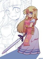  absurdres armor artist_name bad_id bad_twitter_id blonde_hair blue_eyes blunt_ends blush bracer breasts bright_pupils circlet commentary dress earrings female full_body grin hair_intakes hand_on_own_arm highres holding holding_sword holding_weapon jewelry kemori long_dress long_hair looking_at_viewer master_sword medium_breasts pauldrons pink_tabard pointy_ears princess_zelda shadow short_sleeves shoulder_armor smile solo standing sword tabard the_legend_of_zelda the_legend_of_zelda:_a_link_between_worlds triforce triforce_earrings weapon white_pupils zoom_layer 