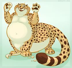  2016 4_fingers benjamin_clawhauser cheetah cheetah_taur claws crumbs dessert digitigrade disney doughnut felid felid_taur feline feline_taur fingers food green_background holding_food holding_object looking_at_viewer male mammal mammal_taur navel nude open_mouth overweight pastry pawpads quadruped royalty_(artist) simple_background solo standing tail taur taurification taurified teeth text whiskers yellow_eyes zootopia 