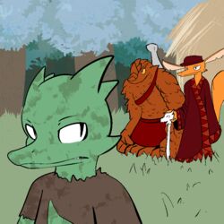  1:1 anthro bottomwear cane clothed clothing digital_media_(artwork) dirty fen_(lagotrope) fluffy fluffy_tail fur furred_kobold furred_scalie grass green_body green_skin group hat headgear headwear horn kobold lagotrope lizard long_ears looking_back male melee_weapon mountain_kobold orange_body orange_fur orange_scales outline outside plant reptile robe scales scalie shirt shup skirt story story_at_source story_in_description sword tail tgchan topless topwear tree trio weapon 