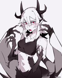  animal_ears artist_name black_fur black_horns black_skin black_sports_bra blush borrowed_character claws colored_skin dragon_girl dragon_horns extra_arms fangs female fewer_digits fur hair_between_eyes hands_up highres horns long_hair looking_at_viewer midriff monster_girl open_mouth original par0llel pink_eyes simple_background solo sports_bra standing upper_body white_background white_hair white_skin winged_arms wings 