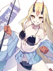  banner bikini black_bikini blonde_hair commentary_request earrings fate/grand_order fate_(series) female grin highres horns ibaraki_douji_(fate) ibaraki_douji_(swimsuit_lancer)_(fate) ibaraki_douji_(swimsuit_lancer)_(first_ascension)_(fate) jewelry long_hair oni_horns papukin pointy_ears smile swimsuit tattoo translation_request white_background wide_sleeves yellow_eyes 