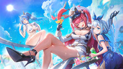  3girls aegis_(nikke) anchor_(nikke) bad_id bad_twitter_id bikini bikini_under_clothes bird black_bikini black_footwear black_gloves black_hair blue_bikini blue_eyes blue_hair blue_sailor_collar blue_sky blush breasts cleavage cloud cocktail_glass commentary_request crossed_legs cup day dress drink drinking_glass food gloves goddess_of_victory:_nikke hair_between_eyes hair_ornament hairclip helm_(aqua_marine)_(nikke) helm_(nikke) high_heels highres holding holding_cup ice_cream ice_cream_float keto_cactus large_breasts long_hair long_sleeves looking_at_viewer mast_(nikke) morgan_(nikke) multicolored_hair multiple_girls oerba_yun_fang official_alternate_costume official_art open_mouth outdoors ponytail purple_eyes sailor_collar see-through see-through_shirt shirt sitting skin_fang skirt sky smile streaked_hair string_bikini swimsuit thighs twintails very_long_hair wet wet_clothes wet_jacket wet_shirt white_gloves white_shirt 