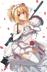  absurdres blonde_hair blush bolt_action bouquet chinese_commentary closed_mouth commentary_request dress elbow_gloves female flower frilled_dress frilled_hairband frills girls&#039;_frontline gloves gun hair_flower hair_ornament hairband heart heart_hands high_heels highres jewelry name_connection ndtwofives object_namesake official_alternate_costume petals pleated_dress ponytail pumps red_eyes red_flower red_rose rifle ring rose scope shoes simple_background smile sniper_rifle solo suppressor sv-98 sv-98_(girls&#039;_frontline) sv-98_(pierce_your_heart!)_(girls&#039;_frontline) thighhighs weapon weapon_on_back wedding_dress wedding_ring white_background white_footwear white_gloves white_hairband white_thighhighs 