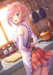  :d apron arms_behind_back backlighting bare_shoulders black_ribbon blue_eyes blurry blurry_background blush breasts brick_wall commentary cowboy_shot cutting_board detached_sleeves dutch_angle female frying_pan hairband hirokazu_(analysis-depth) indoors jug_(bottle) kitchen ladle long_sleeves looking_at_viewer looking_back medium_breasts miniskirt open_mouth orange_hairband pink_hair pleated_skirt pot princess_connect! red_skirt ribbon salt_shaker shirt short_hair sideboob skirt smile solo tying_apron white_apron white_shirt window yui_(princess_connect!) 