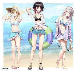  3girls ankle_strap asumi_sena asumi_sena_(summer_c102) bare_legs bare_shoulders barefoot bikini bikini_skirt bikini_under_clothes bikini_under_shorts black_bikini black_hair blonde_hair blue_bikini bow comiket_102 commentary_request demon_tail gradient_hair grey_hair hands_on_headwear hat hat_bow highres holding holding_sandals jacket jewelry kisaragi_ren_(summer_c102) kisaragi_ren_(vtuber) kogara_toto kogara_toto_(summer_c102) leglet multicolored_hair multiple_girls multiple_tails necklace off_shoulder red_eyes red_hair sandals see-through see-through_sleeves short_shorts shorts straw_hat streaked_hair summer_tail720 swimsuit tail twintails virtual_youtuber vspo! white_bow wristlet 