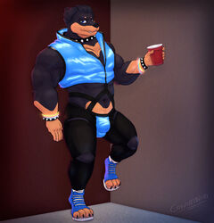  anthro blue_clothing blue_footwear blue_jacket blue_jockstrap blue_shoes blue_topwear blue_underwear bracelet bulge canid canine canis casuallynoted charlie_(casuallynoted) clothing collar cowardlion detailed_bulge domestic_dog footwear glow_bracelet hi_res jacket jewelry jockstrap leaning_against_wall male mammal mastiff molosser muscular paw_shoes puffy_jacket rottweiler shoes solo solo_cup spiked_bracelet spiked_collar spikes topwear underwear 