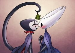  2020 aged_up ambiguous_gender anthro arthropod blush christmas closed_eyes digital_media_(artwork) duo featureless_(disambiguation) grimmchild_(hollow_knight) holidays hollow_knight insects kissing kissing_bough mistletoe mistletoe_on_tail plant signature team_cherry thatsmolchoco the_knight_(hollow_knight) 