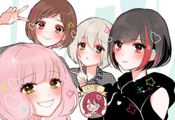  5girls afterglow_(bang_dream!) aoba_moca bang_dream! black_hair blue_eyes blush bob_cut brown_eyes brown_hair clothing_cutout commentary_request green_eyes grey_hair grin group_picture haneoka_school_uniform hazawa_tsugumi heart hikasa_youko hood hood_down hoodie kanemoto_hisako katou_emiri long_hair looking_at_viewer mamaloni misawa_sachika mitake_ran multicolored_hair multiple_girls photo-referenced pink_hair plaid red_eyes red_hair sakura_ayane school_uniform short_hair shoulder_cutout smile star_(symbol) streaked_hair udagawa_tomoe uehara_himari unmoving_pattern upper_body v voice_actor_connection 