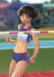  :d abs bare_shoulders bleachers blue_buruma blue_sports_bra blurry blurry_background bob_cut brown_eyes buruma clenched_hands commentary female flat_chest high_jump hip_bones loose_hair_strand midriff navel open_mouth original otsu_natsu race_bib red_stripes short_hair smile solo sports_bikini sports_bra striped track_and_field track_uniform underwear white_stripes 