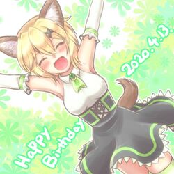  793_(oo793oo) akatsuki_kirika animal_ears blonde_hair breasts closed_eyes dated dog_ears dog_tail dress elbow_gloves facing_viewer female gloves hair_ornament happy_birthday medium_breasts senki_zesshou_symphogear short_hair sleeveless sleeveless_dress smile solo striped_clothes striped_thighhighs tail thighhighs x_hair_ornament 