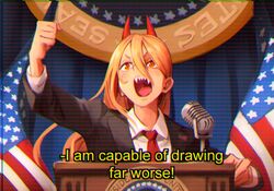  american_flag black_jacket blonde_hair breasts chainsaw_man clenched_hand collared_shirt commentary cross-shaped_pupils demon_girl demon_horns english_commentary english_text female formal hair_between_eyes horns jacket khyle. lectern long_hair long_sleeves microphone necktie open_mouth politician power_(chainsaw_man) red_eyes red_horns red_necktie sharp_teeth shirt solo subtitled symbol-shaped_pupils teeth television upper_body upper_teeth_only white_shirt 