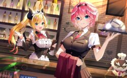  2girls :d absurdres apron bad_id bad_pixiv_id bar_(place) black_dress black_hairband black_vest blonde_hair blue_eyes bottle bow bowtie breasts brick_wall cleavage clipboard collared_shirt commentary demon_girl demon_horns demon_wings dress frilled_apron frilled_sleeves frills ganmo_(takane_lui) goroo_(eneosu) green_eyes hair_between_eyes hair_wings hairband highres holding holding_clipboard holding_tray hololive horns indoors large_breasts long_hair long_sleeves maid maid_headdress multiple_girls necktie official_alternate_costume parted_lips pink_hair pointy_ears ponytail red_bow red_bowtie red_necktie red_skirt revision see-through see-through_cleavage serving_dome shirt short_sleeves skirt smile takane_lui tray vest virtual_youtuber waitress white_apron white_shirt wings yuzuki_choco yuzuki_choco_(maid) 