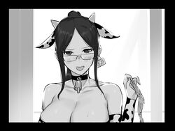  animal_ears animal_print bare_shoulders bell black_border black_choker blush border breasts bridal_gauntlets choker cleavage collarbone condom condom_packet_strip condom_wrapper cow_ears cow_print dawalixi ear_tag female glasses greyscale high_ponytail large_breasts monochrome neck_bell open_mouth original parted_bangs sidelocks solo 