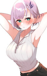  absurdres alternate_costume armpits arms_behind_head blush braid breasts chillout_tang female french_braid green_eyes hair_ornament hairclip highres hololive hololive_indonesia large_breasts midriff pavolia_reine presenting_armpit short_hair simple_background solo upper_body virtual_youtuber white_background 