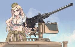  blonde_hair breasts browning_m2 cleavage commentary dog_tags female girls&#039;_frontline gloves gun hat heavy_machine_gun jewelry large_breasts long_hair m2hb_(girls&#039;_frontline) machine_gun necklace red_eyes shirt smile solo tab_(tabkun) tied_shirt weapon 