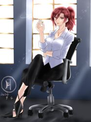  absurdres aozaki_touko chair cigarette crossed_legs female full_body high_heels highres jewelry kara_no_kyoukai necklace office_chair on_chair red_eyes red_hair shirt sitting solo sorano_tsukiyo swivel_chair type-moon white_shirt 