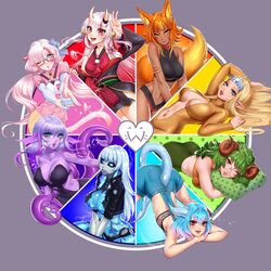  6+girls animal_ears black_sclera blonde_hair blue_eyes blue_hair blunt_bangs breasts color_wheel_challenge colored_sclera commentary cropped_jacket dark-skinned_female dark_skin elf english_commentary finger_gun fox_ears fox_girl fox_tail glasses green_hair grey_hair highres hololive horns jack-o&#039;_challenge large_breasts long_hair looking_at_viewer medium_breasts monster_girl multiple_drawing_challenge multiple_girls nakiri_ayame nakiri_ayame_(1st_costume) navel one_eye_closed oni open_mouth orange_hair original pink_hair pointy_ears shorts skin-covered_horns smile tail teeth tentacle tongue twintails v virtual_youtuber w33ping_cat white_hair yellow_eyes 