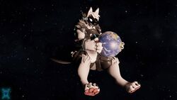  16:9 3d_(artwork) 4k absurd_res anthro armor clothing digital_media_(artwork) earth female floating ghostlyshark handpaw headgear helmet hi_res holding_object holding_planet light lighting looking_at_object machine macro mamagen model paws planet planet_dwarfing protogen protogen_visor solo space star suit syko_(mamagen) terra_macro widescreen yabout 