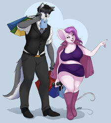  anthro belt black_hair boots bottomwear canid canine canis catsmeow chris_hayabusa clothing colored_nails curvy_figure dress_shoes duo eyewear female footwear formal_wear fur hair hi_res holding_in_mouth jacket jacket_on_shoulders larger_male male mammal mouse multicolored_body multicolored_fur murid murine nails necktie pink_hair pomme_(rivals_of_aether) rivals_of_aether rodent rolled_up_sleeves shopping shopping_bag simple_background size_difference skirt slacks sunglasses thin_tail topwear two_tone_body two_tone_fur vest wolf 