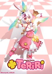  :d animal_ears card checkered_background cross_(weapon) crown dress female fox_ears from_above full_body gloves hair_between_eyes hair_ornament hand_on_own_hip highres holding honkai_(series) honkai_impact_3rd kuroyuki-mitsuki looking_at_viewer magical_girl open_mouth pink_dress pink_eyes pink_footwear side_ponytail smile solo standing theresa_apocalypse theresa_apocalypse_(sakuno_rondo) thighhighs v-shaped_eyebrows white_gloves white_hair white_thighhighs 