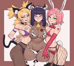  3girls animal_ears animal_print ass_visible_through_thighs bell bikini blonde_hair blunt_bangs boruto:_naruto_next_generations bow bowtie breasts cat_ears cat_tail choker collar commentary cow_ears cow_horns cow_print cow_print_bikini cowbell cowboy_shot curvy detached_collar elbow_gloves english_commentary fake_animal_ears fake_tail fishnets gloves green_eyes highres horns hyuuga_hinata hyyun_ho large_breasts looking_at_viewer multiple_girls naruto_(series) navel neck_bell open_mouth panties panties_under_pantyhose pantyhose pink_hair print_bikini quad_tails rabbit_ears rabbit_tail sakura_haruno short_hair smile swimsuit tail teeth temari_(naruto) thigh_gap thighhighs tongue underwear wide_hips 