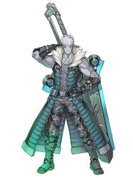  1boy absurdres armor belt boots cargo_pants colored_skin full_body greatsword grey_skin highres jacket lanz_(xenoblade) male_focus mechanical_boots mechanical_gloves muscular muscular_male official_art pants red_eyes saitou_masatsugu solo sword tank_top weapon white_background white_hair xenoblade_chronicles_(series) xenoblade_chronicles_3 