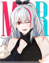  3o_c black_gloves blush bow chromatic_aberration commentary cross cross_earrings dress earrings female girls&#039;_frontline gloves grey_hair hairbow jewelry long_hair looking_at_viewer mdr_(cocktail_observer)_(girls&#039;_frontline) mdr_(girls&#039;_frontline) mole official_alternate_costume one_eye_closed open_mouth pink_eyes smile solo 