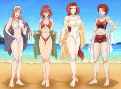  4girls abs alternate_costume bare_legs barefoot beach bikini bikini_shorts braid braided_ponytail breasts cherche_(fire_emblem) cleavage female female_only fire_emblem fire_emblem:_mystery_of_the_emblem fire_emblem:_path_of_radiance fire_emblem:_shadow_dragon_and_the_blade_of_light fire_emblem_awakening green_eyes halter_bikini headband hourglass_figure large_breasts leenvidia long_hair looking_at_viewer medium_breasts milf minerva_(fire_emblem) muscular_female navel nintendo ocean one-piece_swimsuit one_eye_closed open_mouth pink_hair red_bikini red_hair red_swimsuit redhead short_hair small_breasts smile smiling sports_bikini sully_(fire_emblem) swimsuit thin_female titania_(fire_emblem) very_long_hair very_short_hair white_bikini wink 