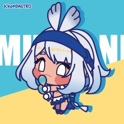  :d animated animated blue_background blue_hairband blush_stickers chibi dark_skin female genshin_impact grey_hair hairband highres holding holding_instrument holding_maracas instrument kkomdastro midriff mualani_(genshin_impact) open_mouth smile solo two-tone_background yellow_background 