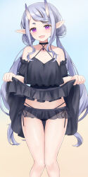  bare_shoulders bikini bikini_skirt black_bikini black_camisole black_hair black_skirt black_sleeves blue_background braid braided_bangs breasts camisole camisole_over_clothes clothes_lift commentary_request criss-cross_straps detached_sleeves dot_nose eyelashes feet_out_of_frame female frilled_skirt frills gem gradient_background highres horns jewelry knees_together_feet_apart lifting_own_clothes light_blush long_hair looking_at_viewer low_twintails medium_skirt microskirt mole mole_on_thigh mole_under_mouth multicolored_hair nijisanji oerba_yun_fang oni open_mouth pendant pointy_ears purple_eyes purple_gemstone purple_hair rindou_mikoto rindou_mikoto_(7th_costume) see-through see-through_skirt short_eyebrows side-tie_bikini_bottom sidelocks simple_background skin-covered_horns skin_fang skirt skirt_lift small_breasts smile solo straight-on streaked_hair swimsuit swimsuit_under_clothes thick_eyebrows thigh_gap twintails very_long_hair virtual_youtuber yellow_background yumiya2743 