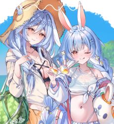  2girls ;q animal_ear_fluff animal_ears bikini black_bikini blue_hair blue_nails braid braided_ponytail breasts bridal_garter cleavage commentary_request food fruit hair_between_eyes hair_ornament hat highleg highleg_bikini holding holding_removed_eyewear hololive jacket large_breasts long_hair looking_at_viewer mature_female midriff mother_and_daughter multicolored_hair multiple_girls nail_polish navel official_alternate_costume one_eye_closed open_clothes open_jacket orange_eyes orange_sarong partially_unzipped pekomama rabbit-shaped_pupils rabbit_ears rabbit_girl sarong shirt shuri_(84k) smile stomach straw_hat stuffed_animal stuffed_rabbit stuffed_toy sunglasses swimsuit symbol-shaped_pupils thick_eyebrows tied_shirt tongue tongue_out twin_braids two-tone_hair unworn_eyewear upper_body usada_pekora usada_pekora_(summer) virtual_youtuber watermelon white_hair white_jacket white_shirt 