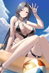  absurdres ankle_strap arm_at_side arm_up ball bare_arms bare_legs bare_shoulders beachball black_hair black_nails black_one-piece_swimsuit blue_sky blurry blurry_background blurry_foreground blush breasts casual_one-piece_swimsuit cleavage closed_mouth collarbone commentary criss-cross_halter day depth_of_field dutch_angle feet_out_of_frame female fingernails from_below goddess_of_victory:_nikke half-closed_eyes halterneck highres innertube jewelry key key_necklace knees_together_feet_apart knees_up large_breasts long_hair looking_at_viewer maiden_(nikke) maiden_(under_the_sun)_(nikke) nail_polish necklace o-ring o-ring_swimsuit o-ring_thigh_strap official_alternate_costume one-piece_swimsuit outdoors parted_bangs raised_eyebrows red_eyes ryo_e side-tie_swimsuit sitting sky solo starfish swim_ring swimsuit thigh_strap very_long_hair water wet 