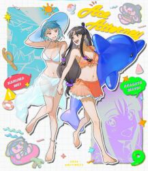  2girls bikini blue_hair blush breasts chibi earrings food frilled_skirt frills gyakuten_saiban hat holding_hands ice_cream jewelry karuma_mei long_hair maya_fey miying_(ho_ru03_15) mole mole_under_eye multiple_girls navel see-through see-through_skirt short_hair skirt smile swimsuit 