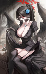  absurdres black_dress black_garter_belt black_hair black_thighhighs black_wings blue_archive blue_flower blue_rose blush breasts choker cleavage clothes_lift collarbone dress dress_lift feathered_wings feet_out_of_frame female flower garter_belt hair_between_eyes hair_flower hair_ornament halo hasumi_(blue_archive) highres huge_breasts jewelry lace lace_choker lifting_own_clothes long_hair long_hair_between_eyes looking_ahead mole mole_under_eye necklace okkimon ponytail red_hair rose scoop_neck sitting sitting_on_table solo thighhighs very_long_hair wings 