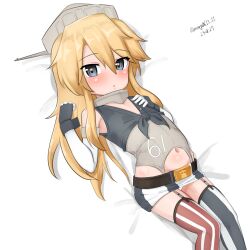  absurdres aged_down asymmetrical_legwear belt belt_buckle blonde_hair blue_eyes buckle feet_out_of_frame female flat_chest front-tie_top garter_straps headgear highres iowa_(kancolle) kantai_collection long_hair looking_at_viewer lying maru_(marg0613) mismatched_legwear navel one-hour_drawing_challenge skirt solo star-shaped_pupils star_(symbol) striped_clothes striped_skirt striped_thighhighs symbol-shaped_pupils thighhighs vertical-striped_clothes vertical-striped_skirt vertical-striped_thighhighs 