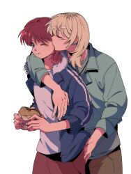  2girls absurdres arm_around_neck bio_w5 blue_eyes blue_jacket blush brown_pants burger closed_eyes closed_mouth commentary_request earclip food food_on_face girls_band_cry grabbing_another&#039;s_ass green_jacket groping highres holding holding_burger holding_food iseri_nina jacket kawaragi_momoka kissing kissing_cheek korean_commentary light_brown_hair long_hair long_sleeves multicolored_hair multiple_girls one_eye_closed pants red_hair red_skirt roots_(hair) shirt short_twintails simple_background skirt twintails white_background white_shirt yuri 