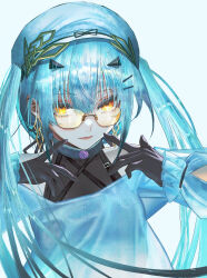  absurdres bare_shoulders beret black_gloves breasts dress earrings fate/grand_order fate_(series) female forked_eyebrows glasses gloves hat highres jewelry jin_sumire long_hair long_sleeves looking_at_viewer melusine_(exhibition_attire)_(fate) melusine_(fate) off_shoulder sidelocks small_breasts smile solo twintails white_background white_dress white_hair white_hat yellow_eyes 