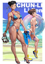  2girls abs absurdres bikini black_hair blush breasts brown_hair chun-li collarbone diving_mask double_bun earrings flippers goggles hair_bun high_heels highres inflatable_toy jewelry li-fen looking_at_viewer medium_breasts multiple_girls muscular muscular_female nail_polish sandals shoes smile sneakers street_fighter street_fighter_6 string_bikini swimsuit yagi_(joe731842) 