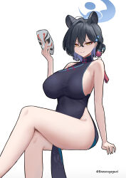  absurdres animal_ears baozouyeguai bare_arms bare_legs bare_shoulders black_dress black_hair blue_archive breasts china_dress chinese_clothes dress feet_out_of_frame female highres holding holding_mask kaguya_(blue_archive) large_breasts looking_at_viewer mask short_hair sideboob simple_background sitting sleeveless sleeveless_dress smile solo thighs white_background yellow_eyes 