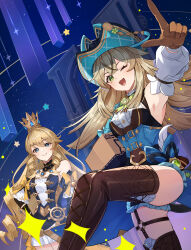  2girls absurdres armpits blonde_hair blue_gemstone bodice boots bow bowtie box brown_gloves cat_hat_ornament commentary_request dendro_symbol_(genshin_impact) dress drill_hair drill_sidelocks gem genshin_impact geo_symbol_(genshin_impact) gloves gold_crown gold_trim_bow green_bow green_bowtie green_eyes hat highres kirara_(genshin_impact) kirara_(phantom_in_boots)_(genshin_impact) lace-trimmed_collar lace_trim mikami_michael multiple_girls multiple_tails navia_(genshin_impact) one_eye_closed open_mouth pointing sidelocks single_bare_shoulder strapless strapless_dress tail thigh_boots thighs tricorne two_tails 