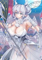  absurdres armor armored_dress armpits axe blue_eyes blush breasts cleavage commentary_request demon_girl demon_horns demon_wings dress duel_monster female full_moon gloves grey_hair grey_horns hair_between_eyes highres horns huge_breasts liujunmin looking_at_viewer lovely_labrynth_of_the_silver_castle moon night night_sky pointy_ears sky smile solo white_dress white_gloves white_wings wings yu-gi-oh! 